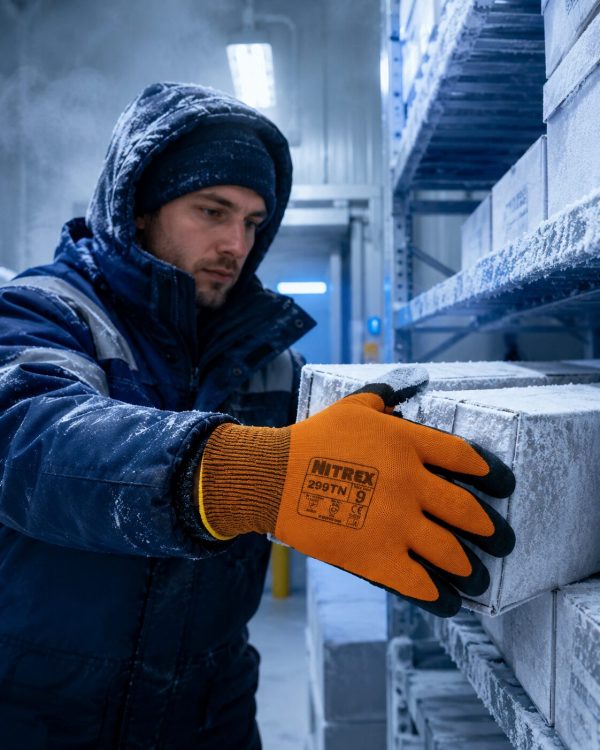 Operario manipulando cajas en cámara frigorífica con guantes térmicos NITREX 299TN