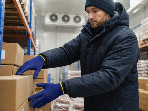 Trabajador manipulando cajas en cámara frigorífica con guantes térmicos NITREX 299G