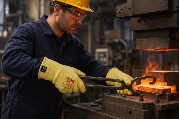 Operario utilizando guantes térmicos NITREX 285 de Kevlar® en trabajos de forja y manipulación de metal caliente