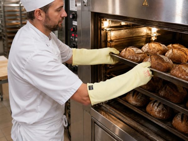 Operario utilizando el guante térmico largo NITREX 285L de Kevlar® para manipular bandejas calientes en horno industrial