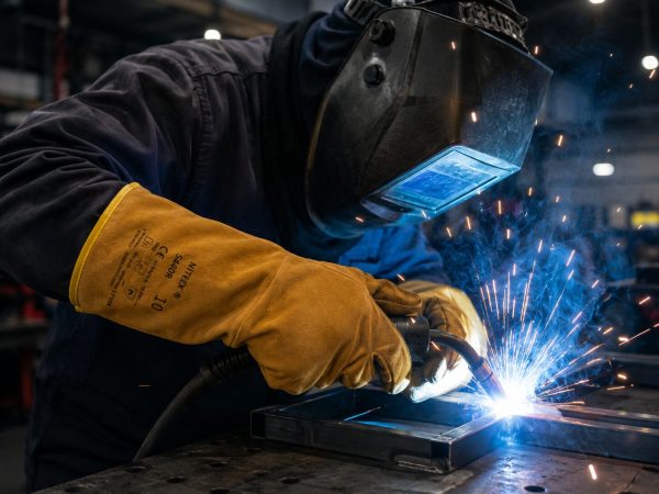 Soldador utilizando guantes NITREX S440R de serraje amarillo durante trabajos de soldadura industrial con chispas y altas temperaturas