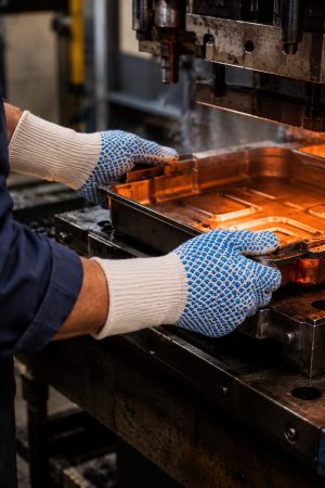 Trabajador utilizando guantes NITREX 281 anti-calóricos para manipular moldes y piezas metálicas calientes en industria