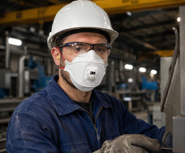 Trabajador industrial con casco y gafas de seguridad usando mascarilla 3M Aura 9332+ FFP3 con válvula en entorno de fábrica.