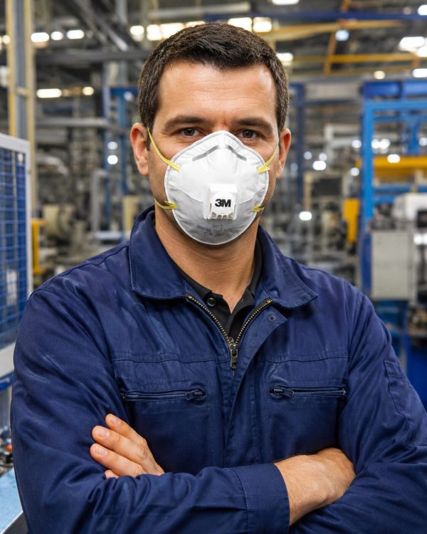 Operario de fábrica con mono azul utilizando la mascarilla de protección respiratoria 3M 8812 FFP1 con válvula en un entorno industrial.