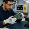 Técnico de electrónica usando guantes Nitrex 290 para manipulación segura de componentes electrónicos.