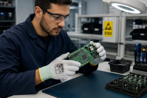 Técnico de electrónica usando guantes Nitrex 290 para manipulación segura de componentes electrónicos.