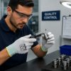 Técnico realizando control de calidad industrial con calibre y guantes Nitrex 290.