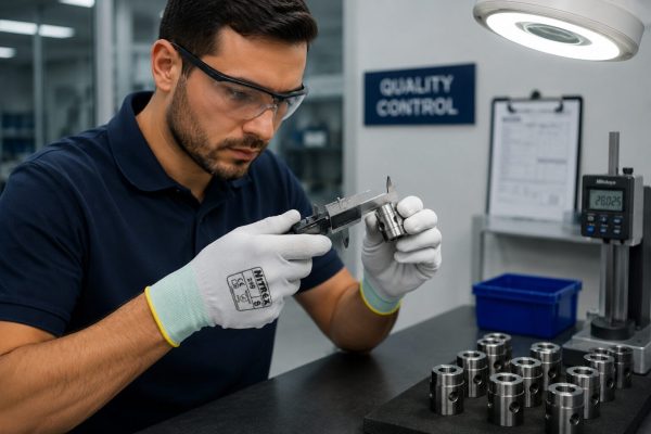 Técnico realizando control de calidad industrial con calibre y guantes Nitrex 290.