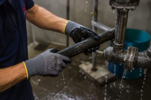 Operario manipulando una tubería húmeda en un entorno industrial con guantes nitrex 250