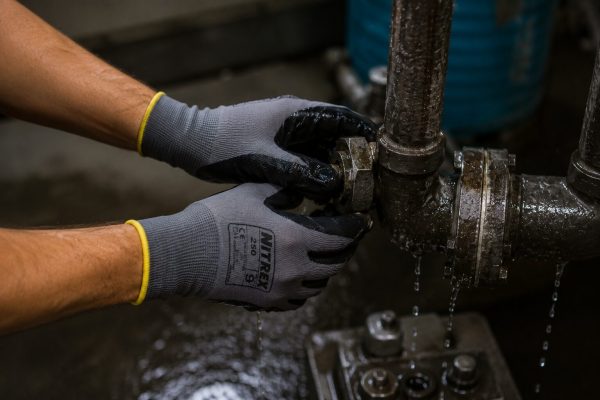 Trabajador apretando manualmente una tuerca en una tubería industrial mojada con guante nitrex 250