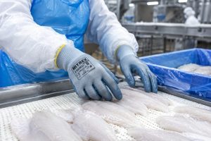 Guantes NITREX 250BU utilizados en procesamiento industrial de pescado.
