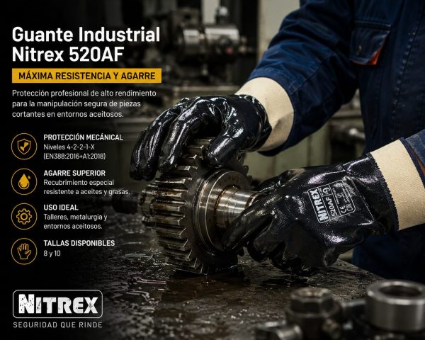 Trabajador manipulando chapas metálicas grandes con guantes Nitrex 520AF de alta resistencia y agarre en taller industrial.