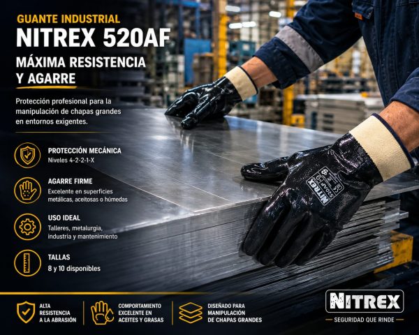 Operario sujetando una chapa metálica grande con guantes industriales Nitrex 520AF resistentes a abrasión y aceites.