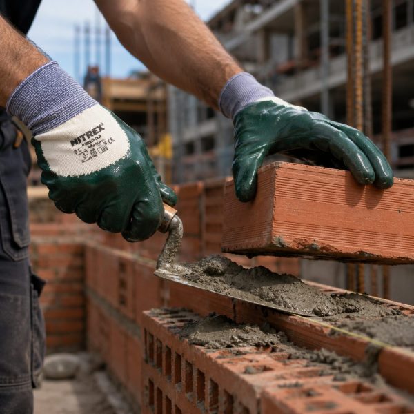 Manos con guantes de seguridad NITREX 220 colocando ladrillos y cemento en una obra de construcción.