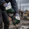 Trabajador sujetando una pala con guantes NITREX 220 en una obra de construcción bajo la lluvia y barro.