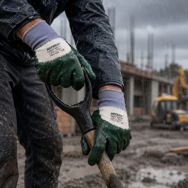 Trabajador sujetando una pala con guantes NITREX 220 en una obra de construcción bajo la lluvia y barro.