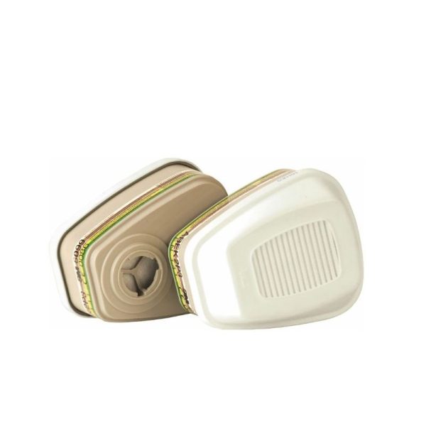 Dos filtros integrados 3M 6099 ABEK2P3 de alta capacidad con vista frontal y trasera del sistema de anclaje de bayoneta.